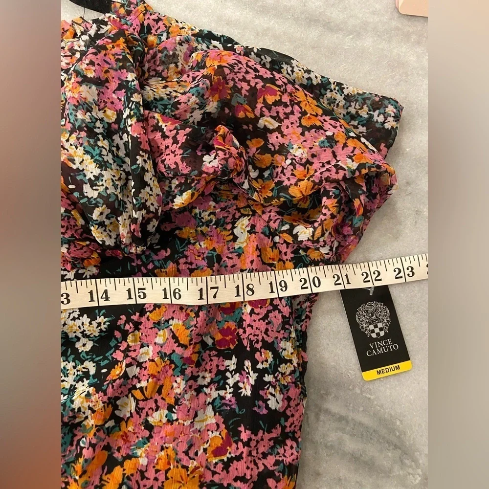 NWT Vince Camuto Size M Black Floral Ruffle Flowy Long Sleeve Sheer Mini Dress